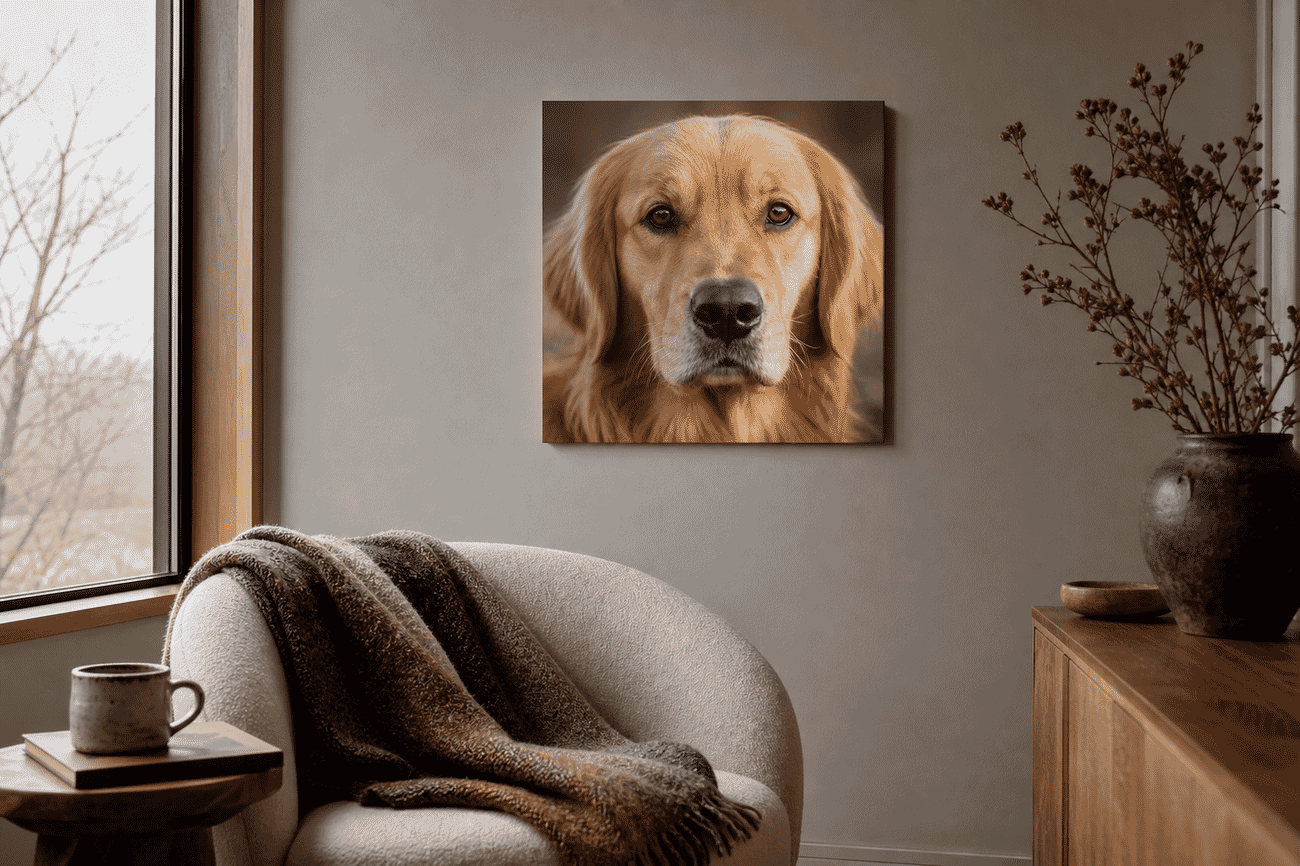 Canvas print mockup of a pet portraits photo on a reading nook wall