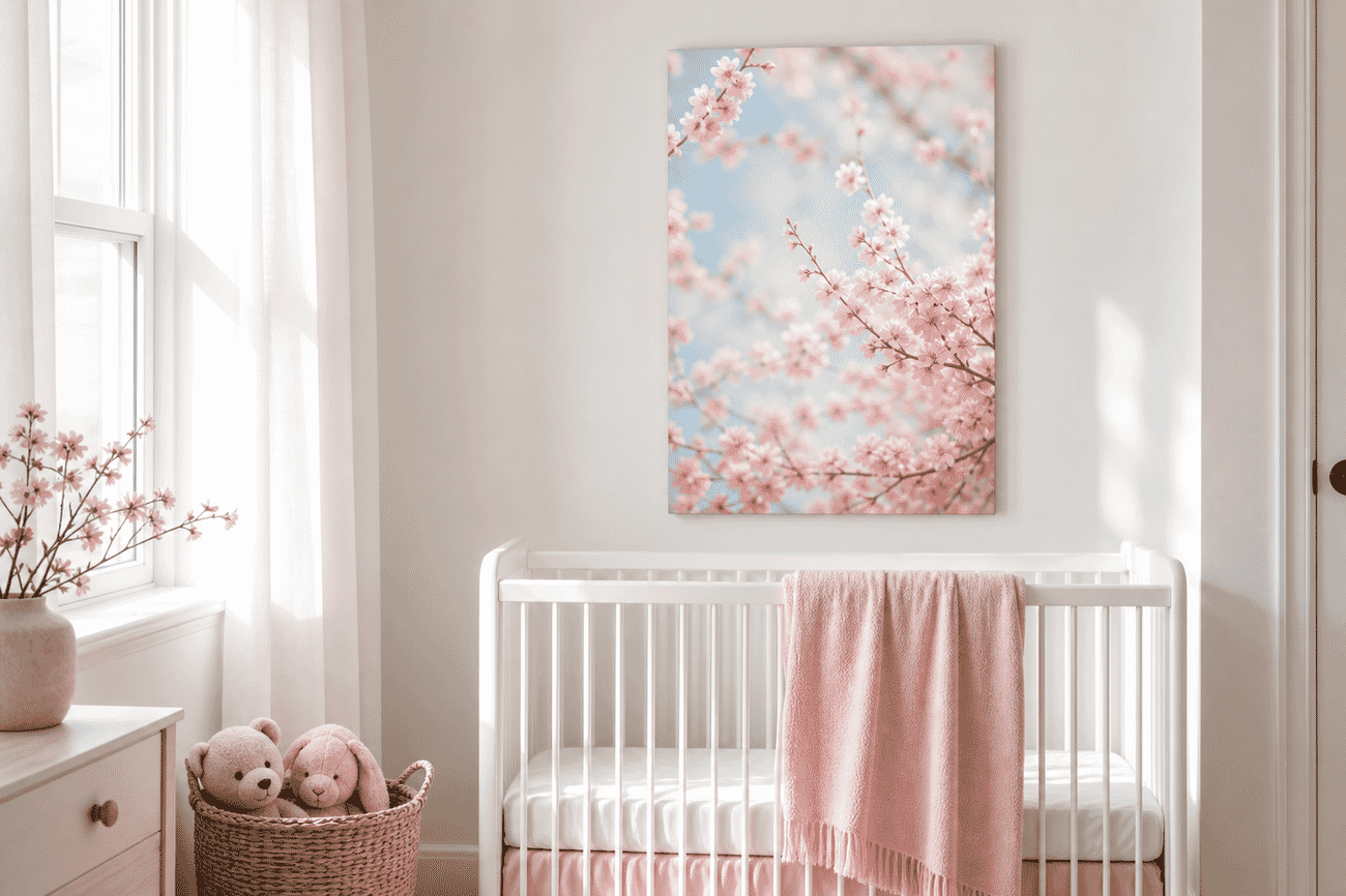 Canvas print mockup of a spring blossoms photo on a nursery wall