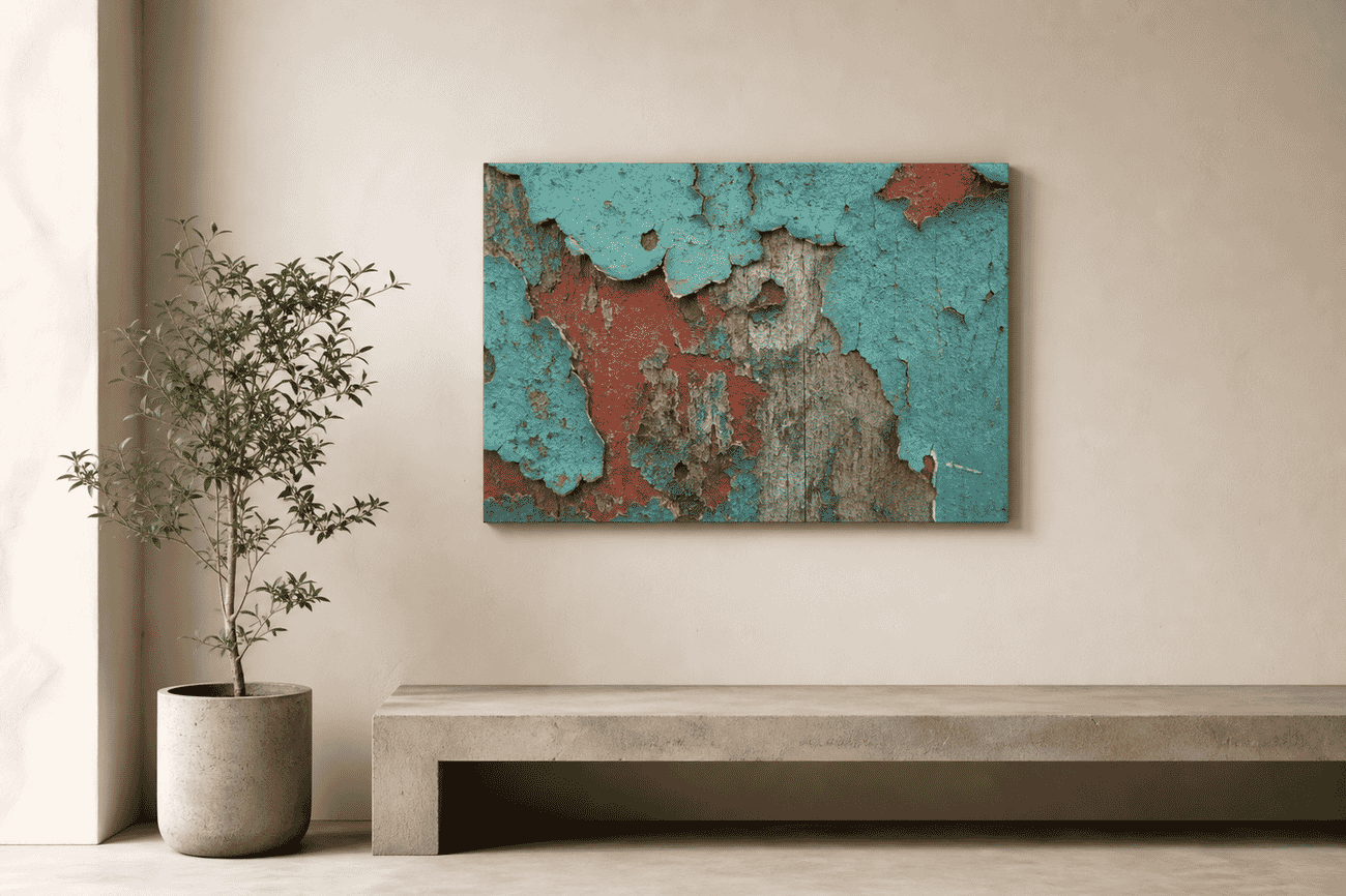 Canvas print mockup of a texture close-ups photo on a minimalist living room wall