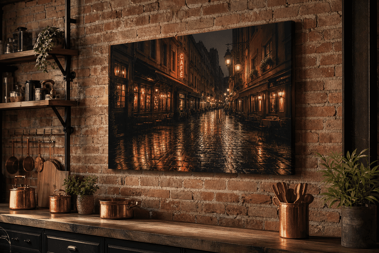 Canvas print mockup of a vintage street scenes photo on a kitchen wall