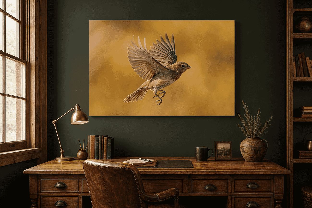 Canvas print mockup of a wildlife in motion photo on a rustic study wall