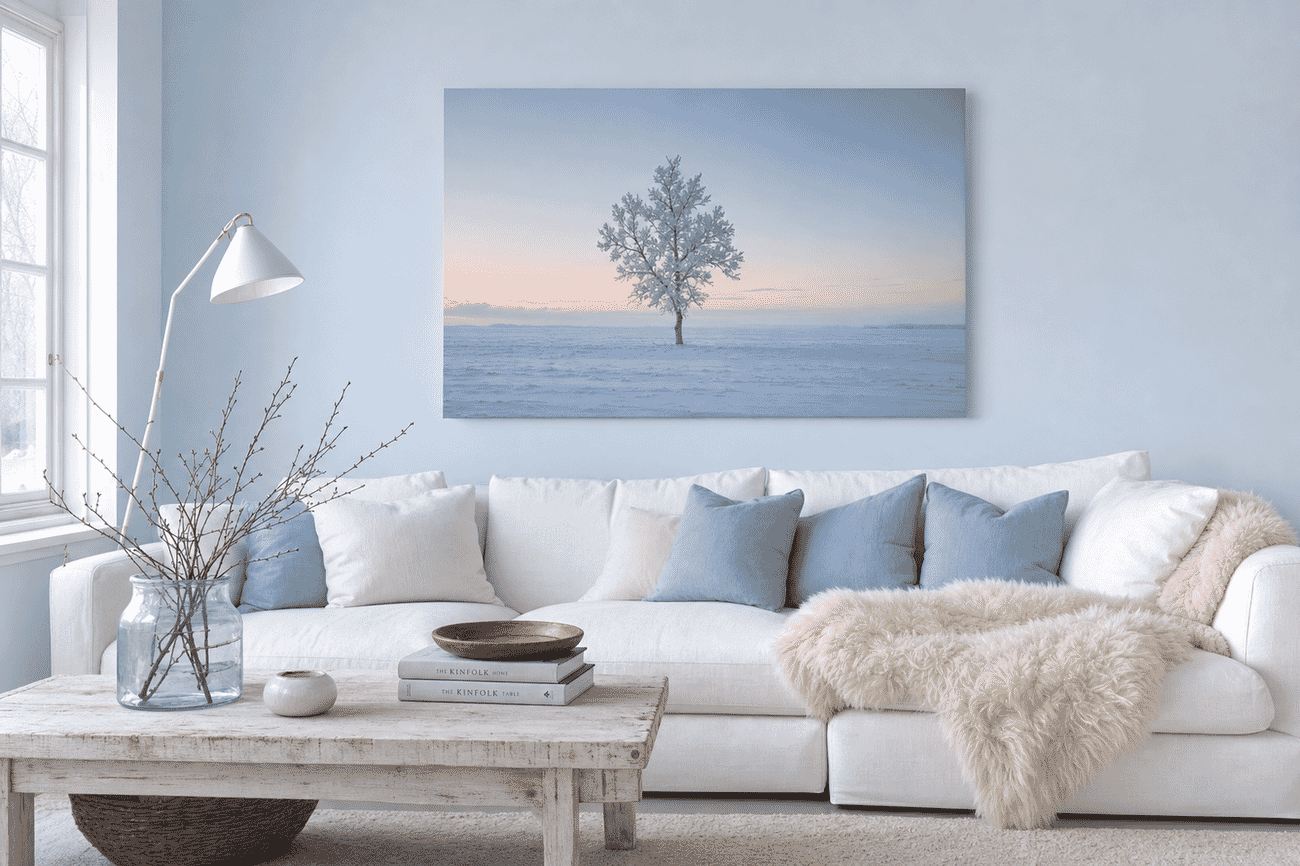 Canvas print mockup of a winter & snow scenes photo on a Scandinavian living room wall