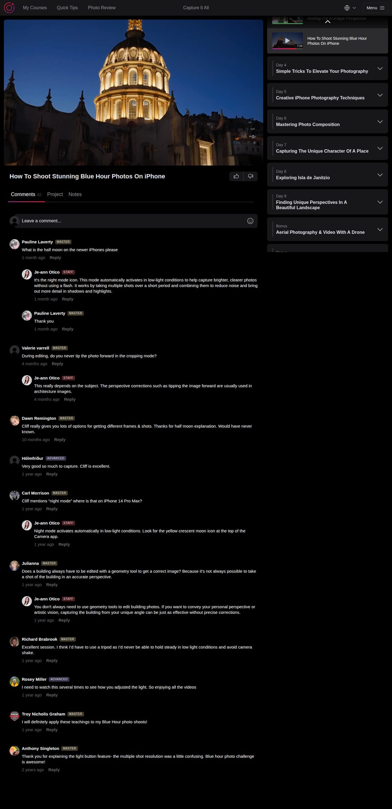 Capture It All course platform showing blue hour photography lesson, module sidebar, and community comments