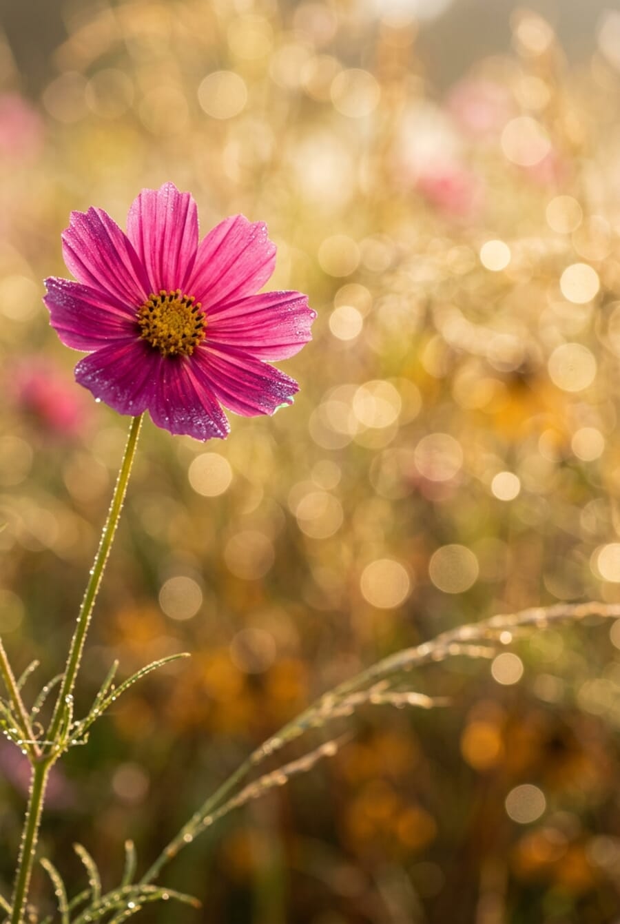 A single deep-pink cosmos flower sharply in focus on the left, with a creamy field of golden bokeh behind, shot with a fast 85mm prime at f/1.8.