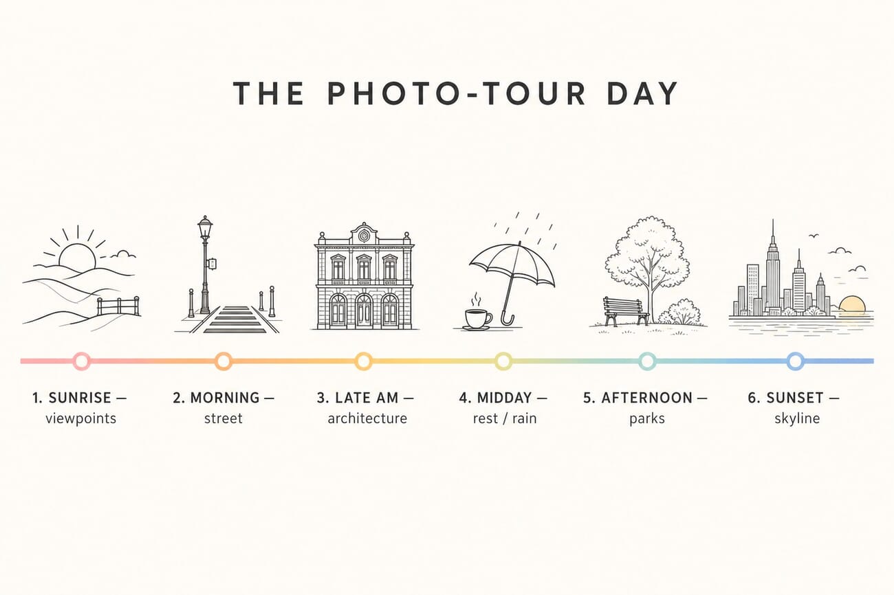 The photo-tour day timeline: sunrise viewpoints, morning street, late-morning architecture, midday rest, afternoon parks, sunset skyline