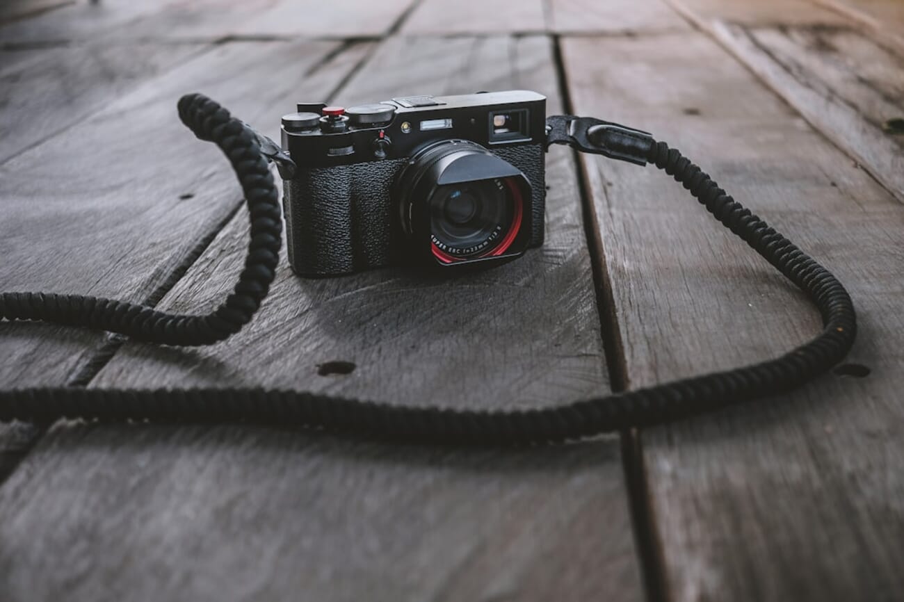 Fujifilm X100V compact camera with braided rope strap