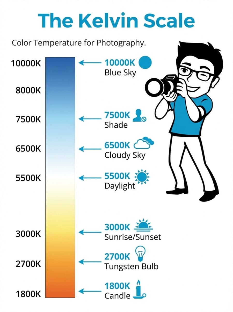 Infographic showing the Kelvin color temperature scale from 1800K candle light to 10000K blue sky with common light source labels