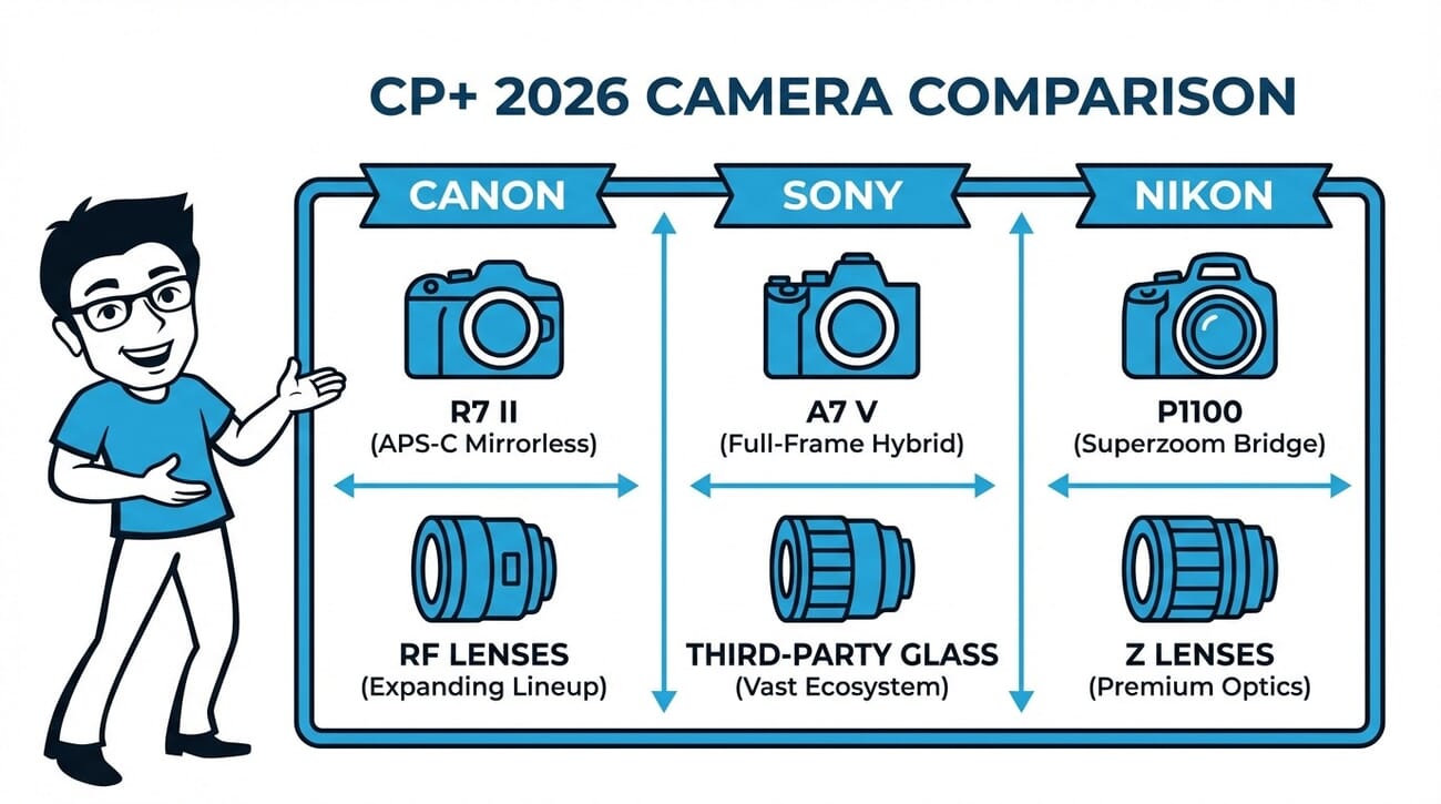 Canon vs Sony vs Nikon comparison at CP+ 2026