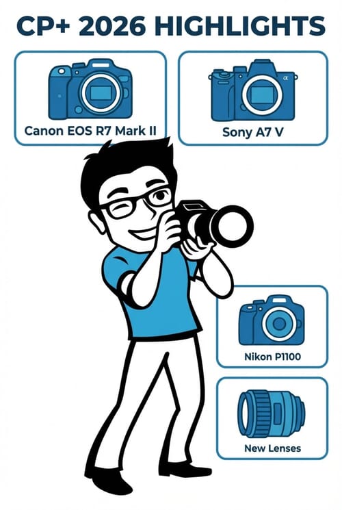 Infographic showing the biggest camera and lens announcements expected at CP+ 2026 in Yokohama, Japan