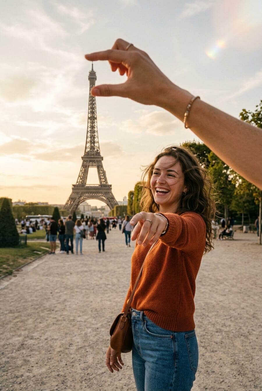 Tourist using forced perspective to pinch the top of the Eiffel Tower at golden hour