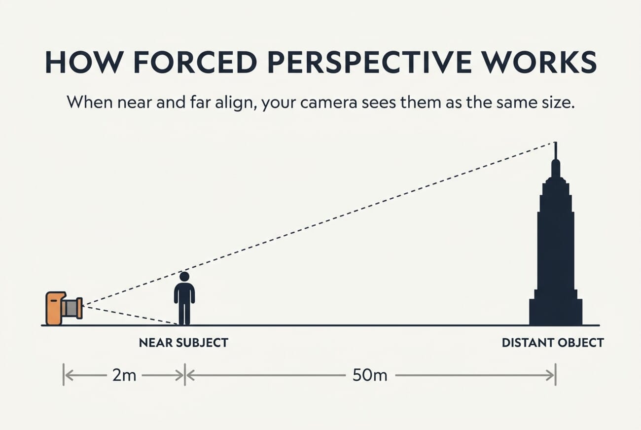 Diagram showing the geometry of forced perspective photography with a camera, near subject, and distant tower aligned along the same sight line