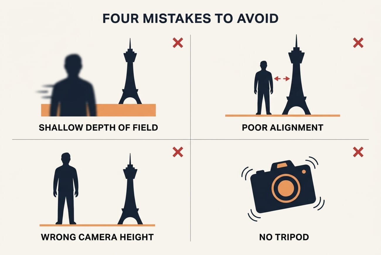 Infographic showing four common forced-perspective photography mistakes: shallow depth of field, poor alignment, wrong camera height, and no tripod