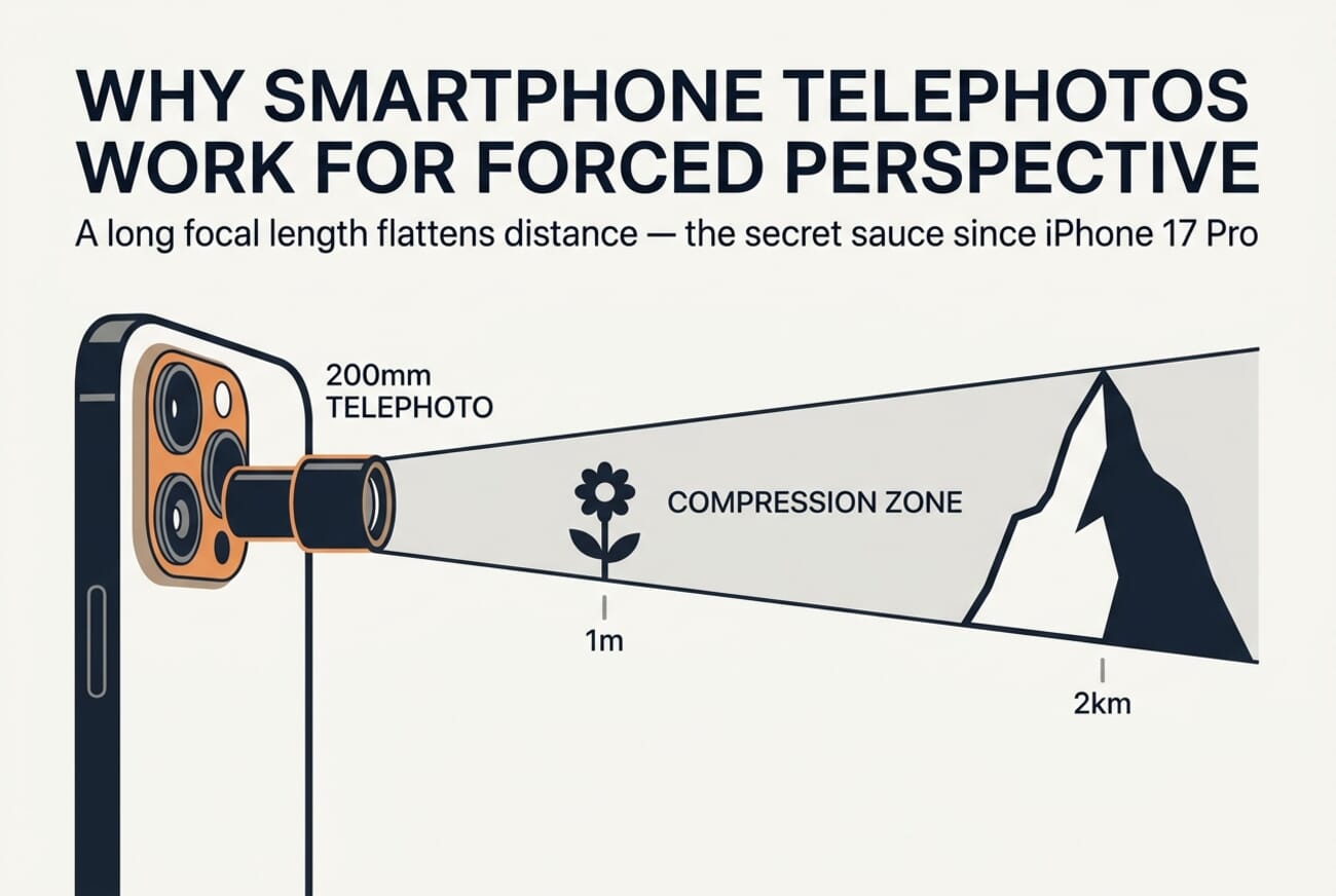 Diagram explaining how a smartphone telephoto lens compresses distance for forced perspective photography