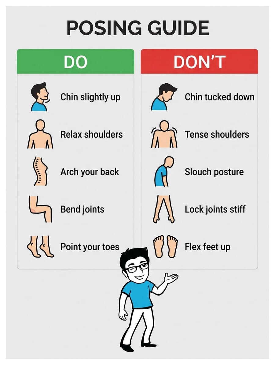 Posing dos and donts infographic showing five things to do and five things to avoid when posing for Instagram