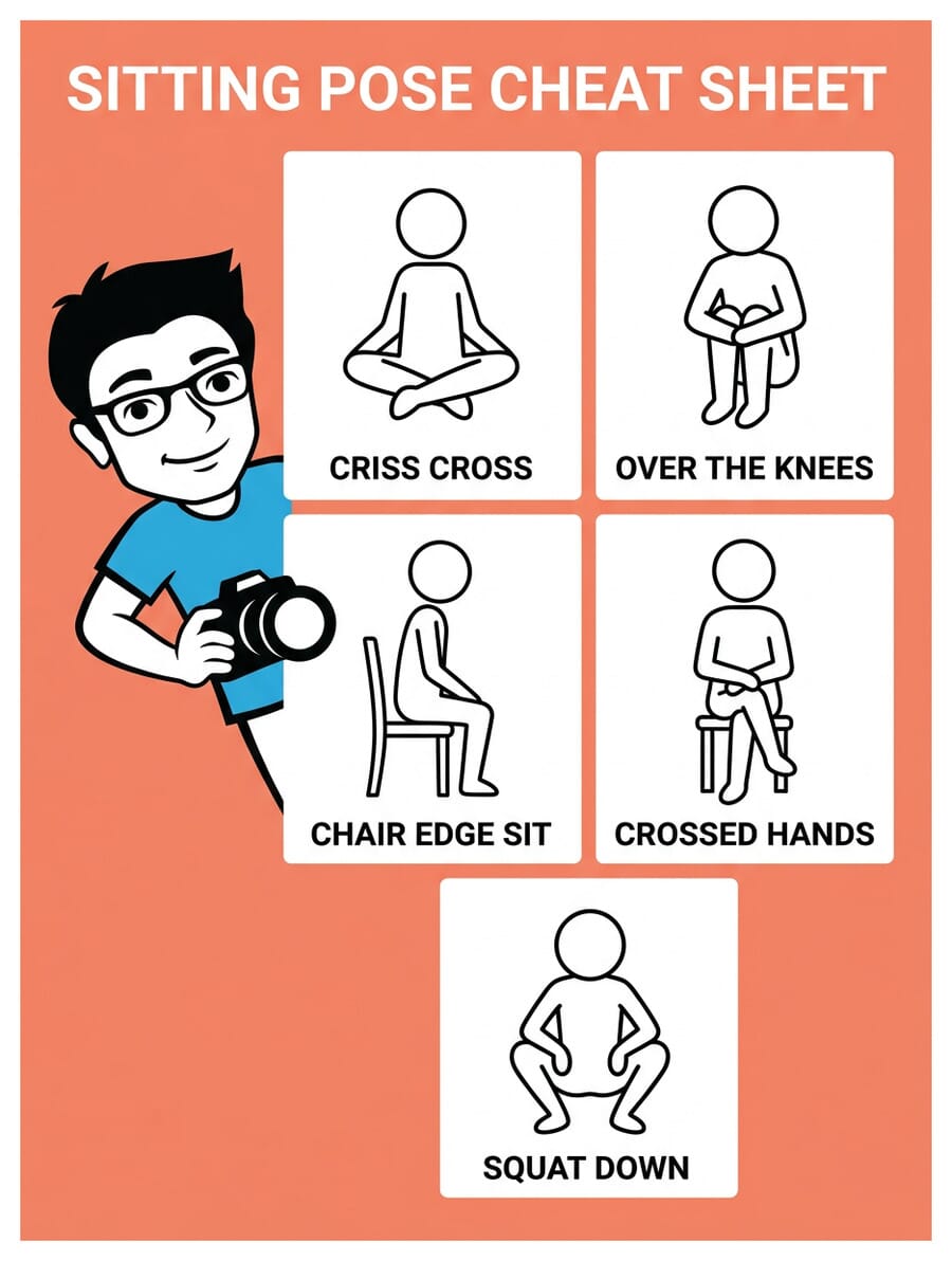 Sitting pose cheat sheet infographic showing five seated Instagram poses with stick figure demonstrations