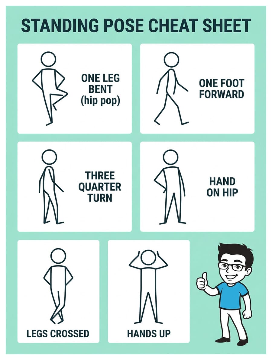 Standing pose cheat sheet infographic showing six common Instagram standing poses with stick figure demonstrations