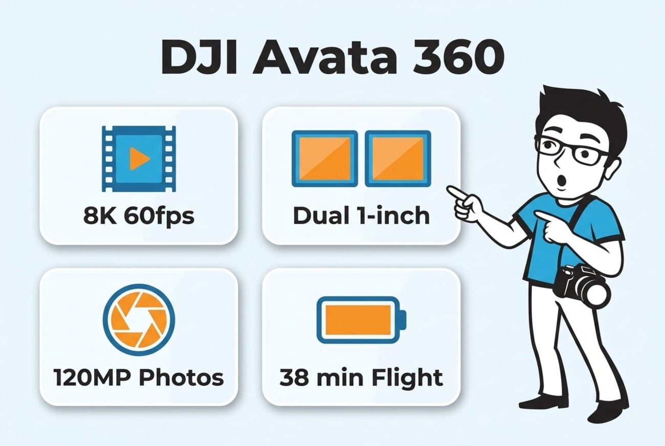 DJI Avata 360 key specs infographic showing 8K 60fps video, dual 1-inch sensors, 120MP photos, and 38 minute flight time