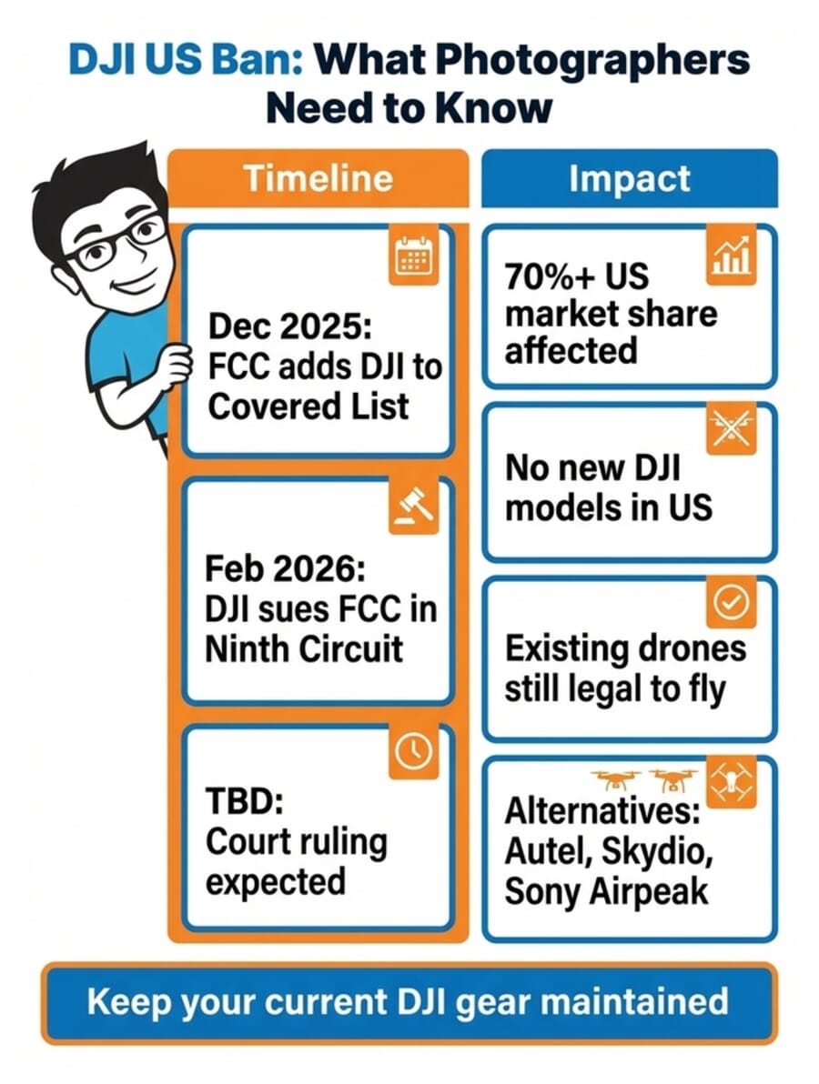 DJI US Ban infographic - timeline and impact for photographers
