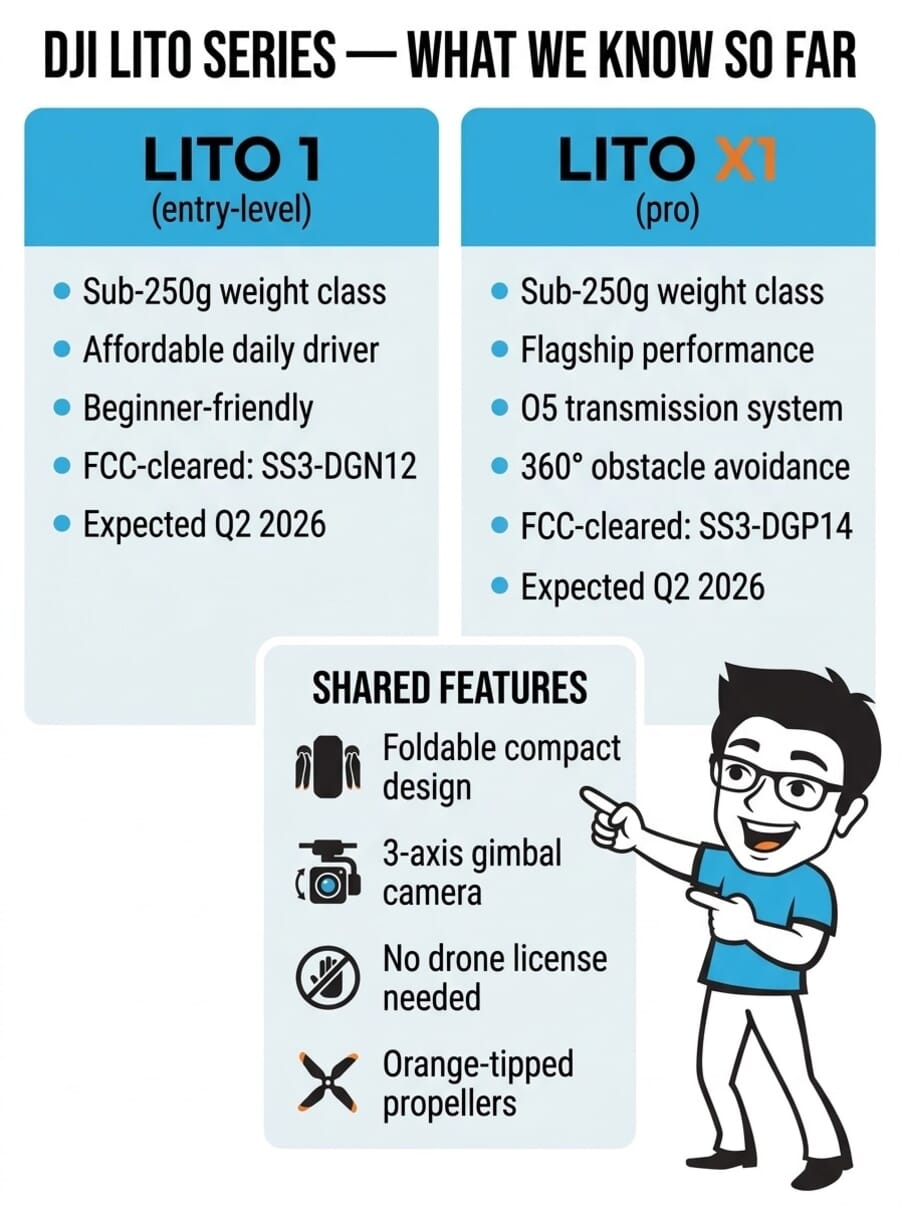 DJI Lito 1 vs Lito X1 comparison infographic showing specs and shared features