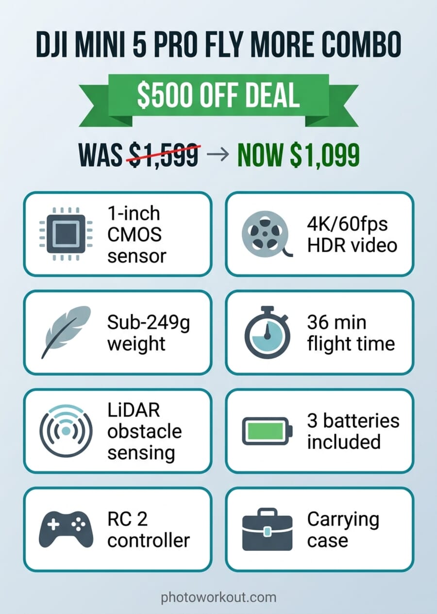 DJI Mini 5 Pro Fly More Combo deal infographic showing key specs and $500 discount