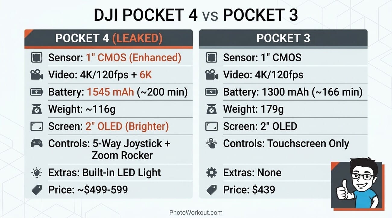 DJI Pocket 4 vs Pocket 3 specs comparison infographic showing sensor, video, battery, weight, and price differences