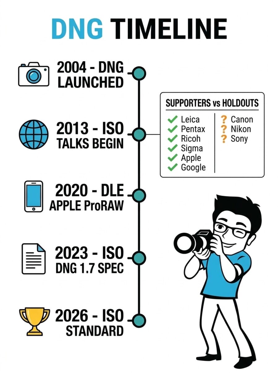Infographic showing the DNG timeline from 2004 launch to 2026 ISO standardization, plus a comparison of DNG supporters vs holdouts among camera manufacturers
