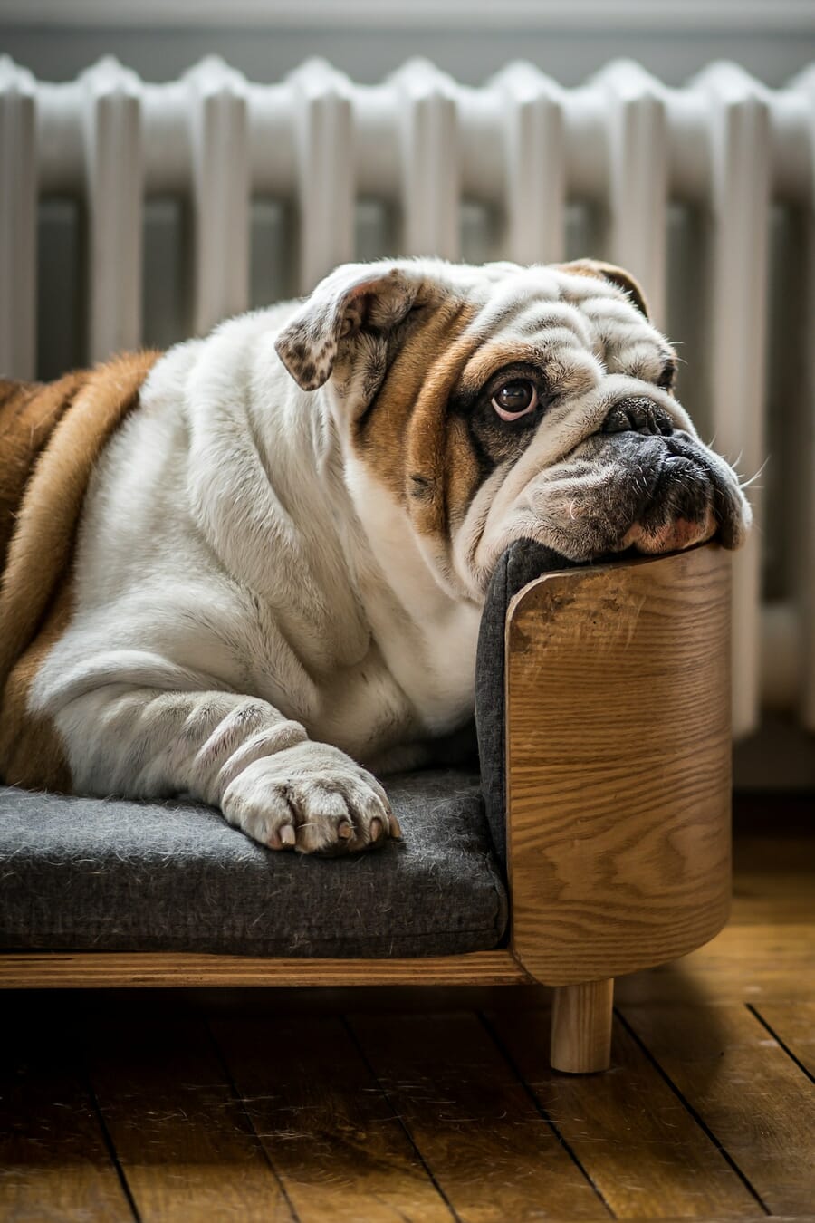 Bulldog portrait with very shallow depth of field and blurred background