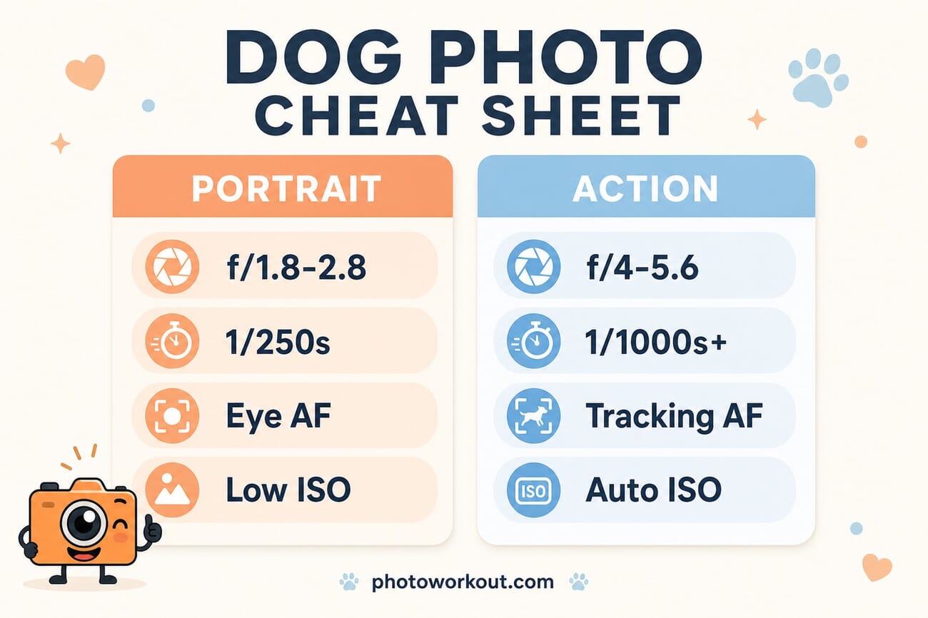 Dog photography cheat sheet: portrait settings versus action settings