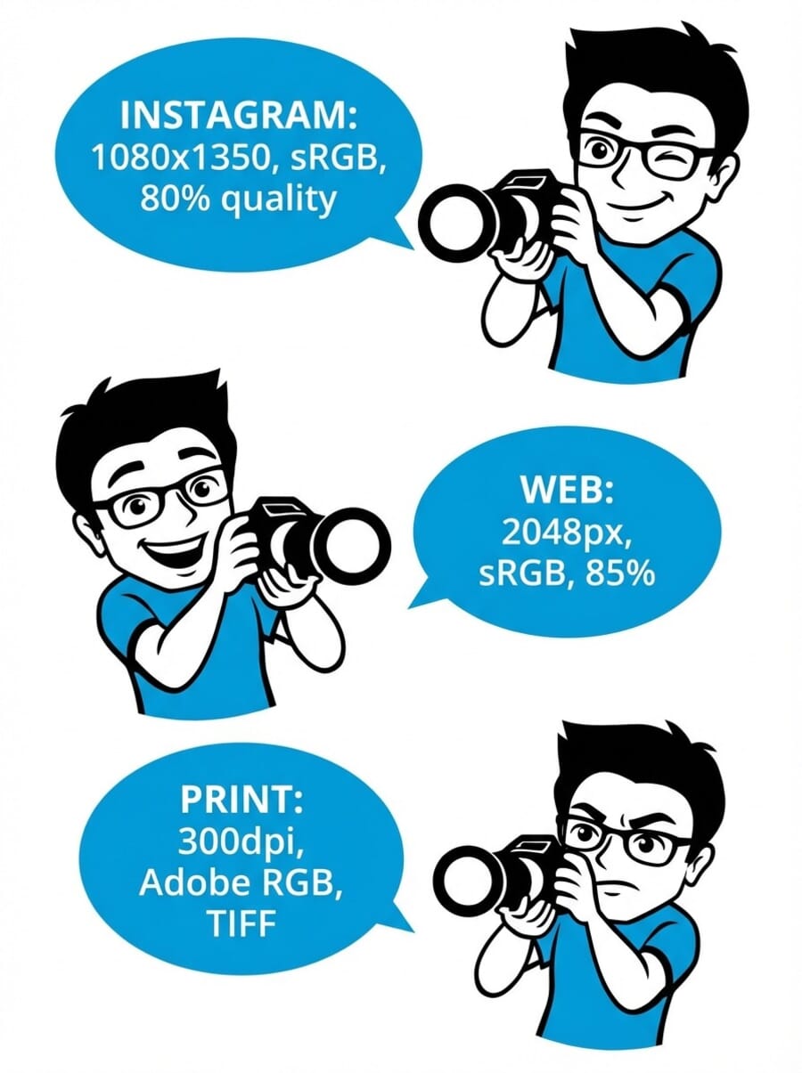 Export settings guide for different platforms: Instagram, Web, and Print specifications