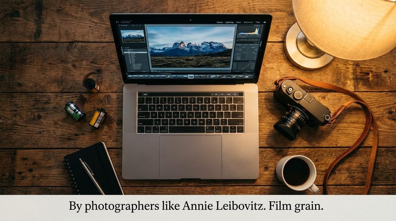 Photographer's desk with laptop showing photo editing software and camera