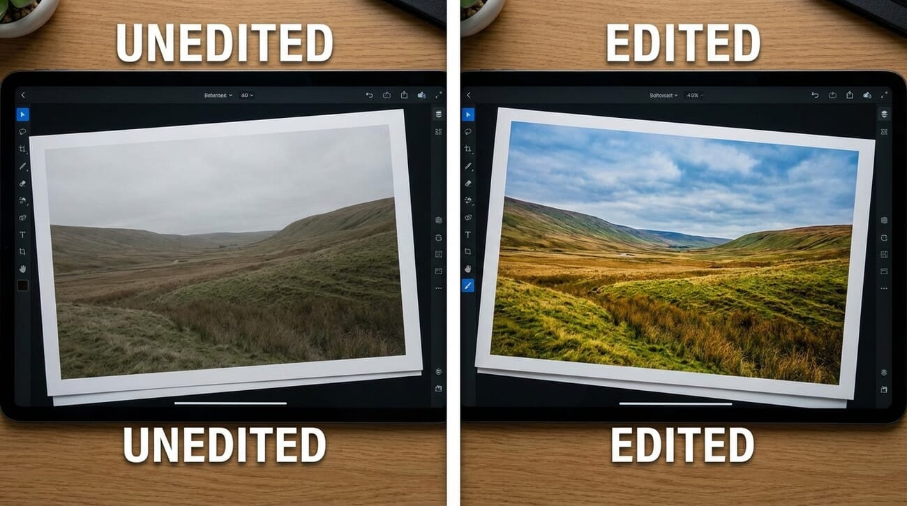 Before and after comparison showing the impact of photo editing on a landscape image