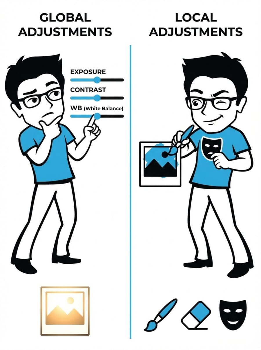 Infographic explaining global adjustments vs local adjustments in photo editing