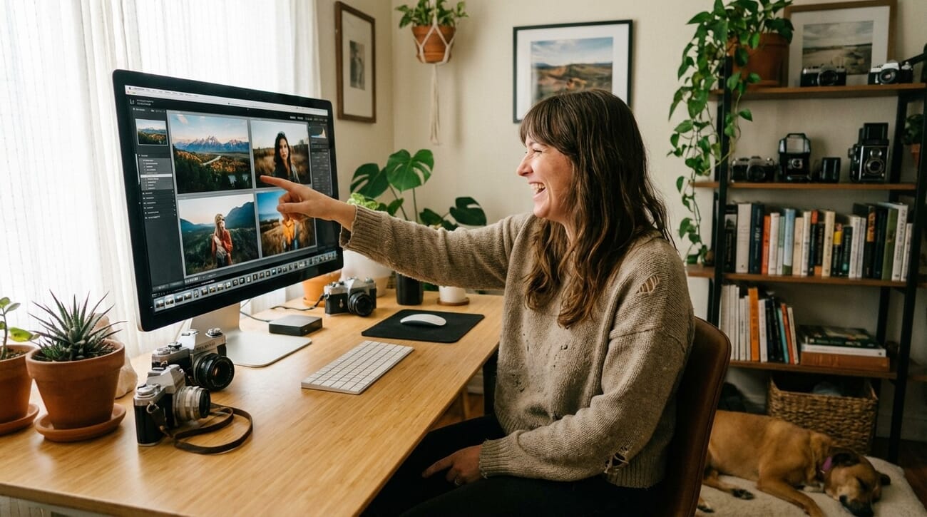 Photographer reviewing edited photos on large monitor in warm home office