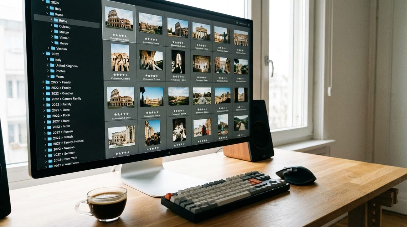 Organized photo library on computer screen showing folder structure and star ratings