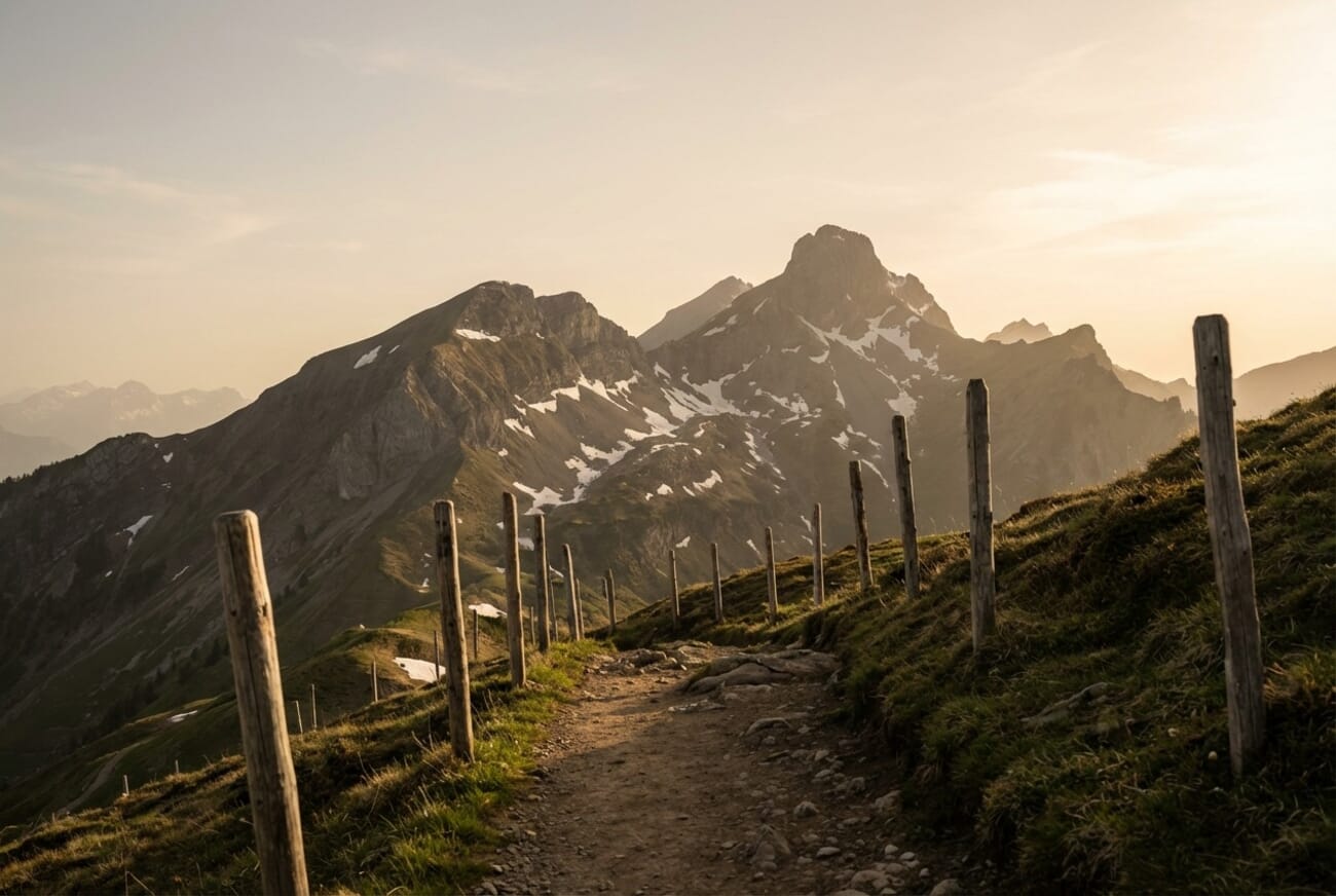 Modest mountain landscape at golden hour with hiking trail and fence posts