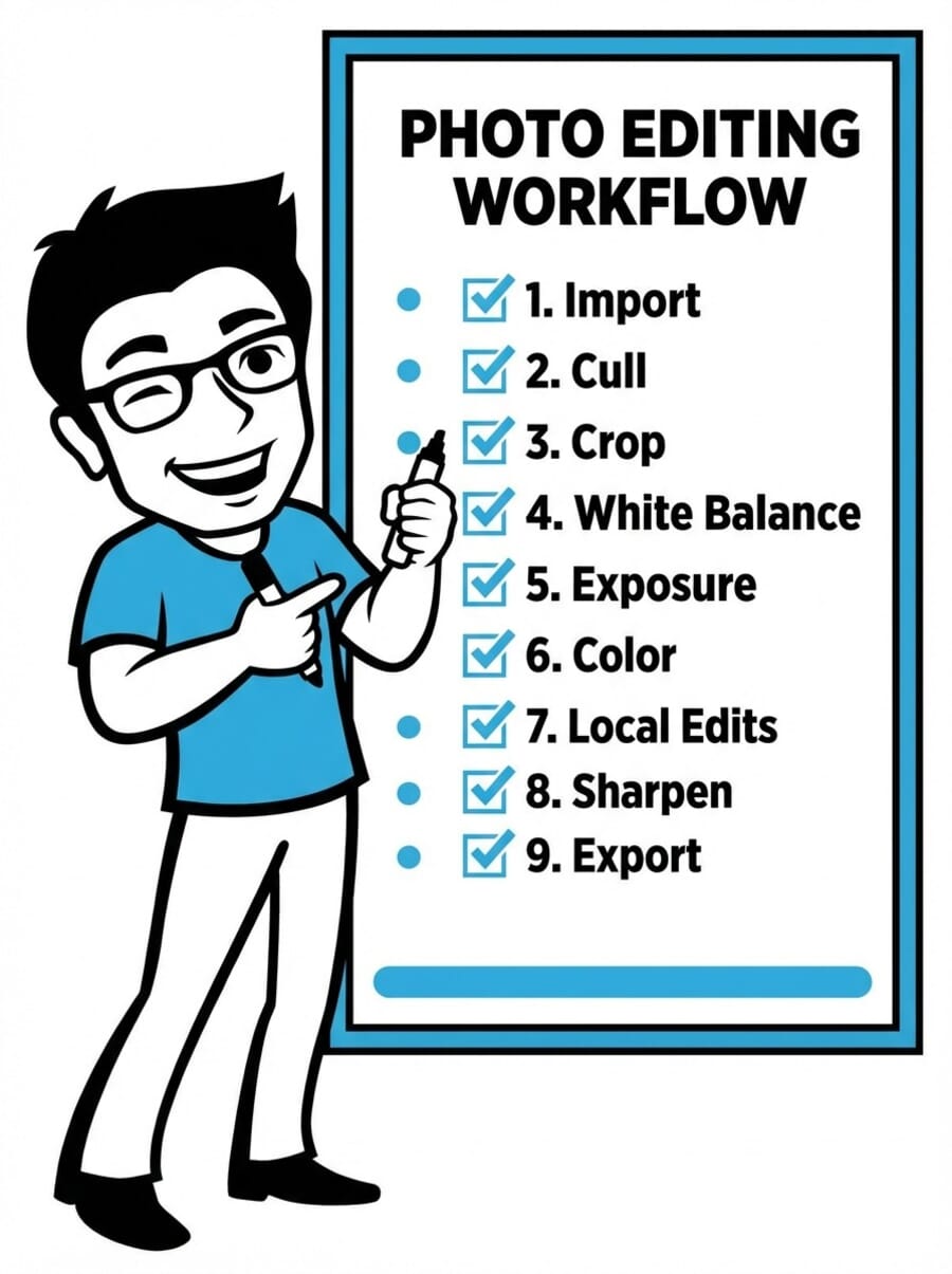 Photo editing workflow checklist: Import, Cull, Crop, White Balance, Exposure, Color, Local Edits, Sharpen, Export