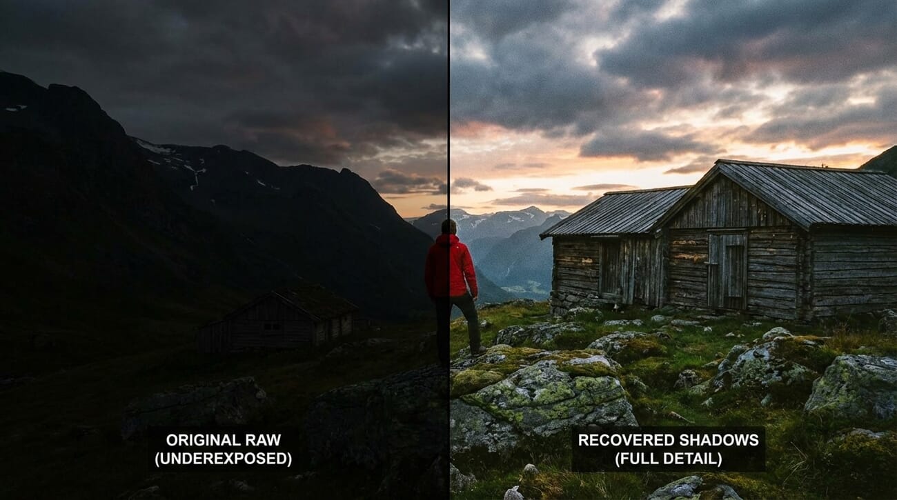 Split screen showing underexposed photo recovered from RAW with shadow detail restored