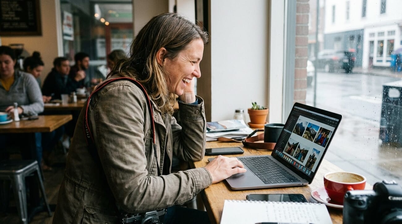 Travel photographer reviewing photos on laptop in a cafe with natural window light