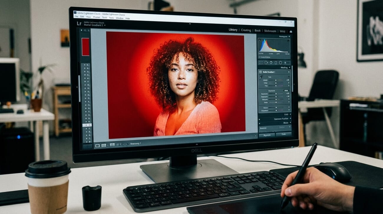 Portrait being edited with radial filter showing selective subject editing in Lightroom