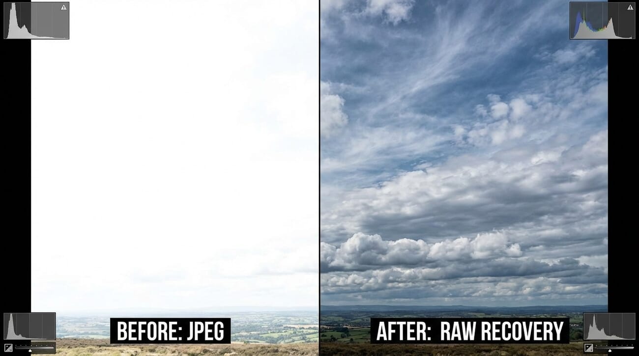 Split screen showing overexposed sky recovered from RAW with cloud detail restored