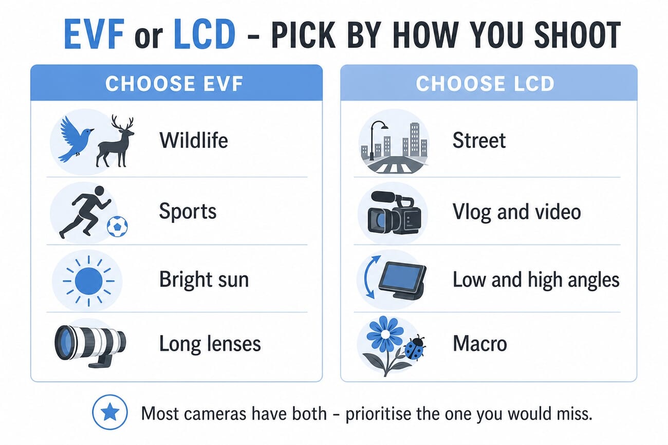 Decision chart: choose an EVF for wildlife, sports, bright sun and long lenses; choose an LCD for street, vlogging, creative angles and macro