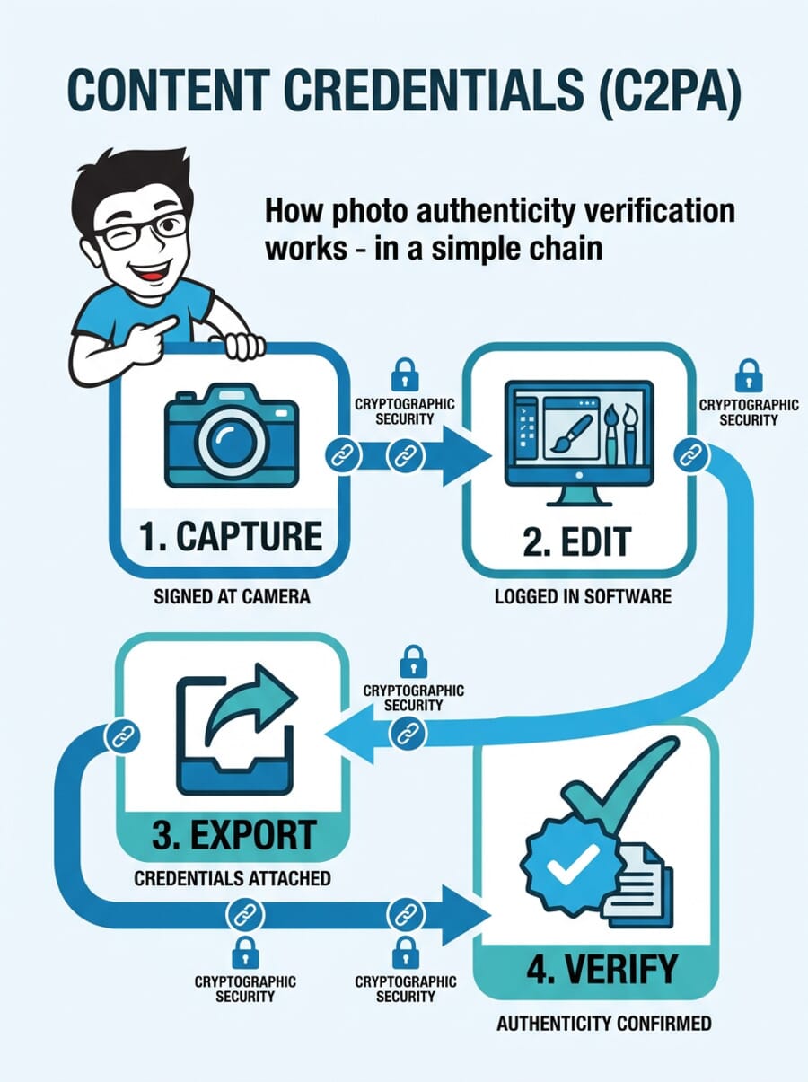 Infographic showing the C2PA content credentials workflow from capture to verification