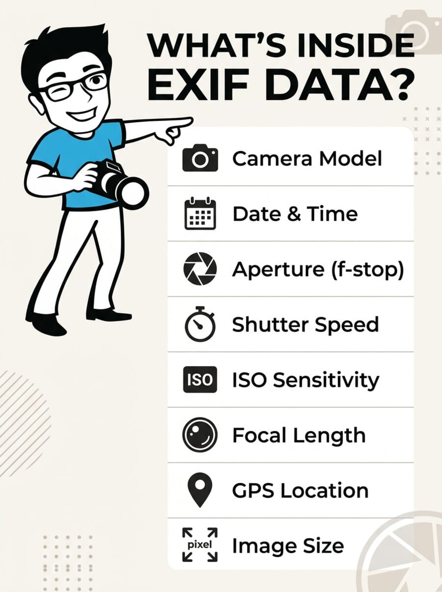 Infographic showing common EXIF data fields including camera model, date, aperture, shutter speed, ISO, focal length, and GPS
