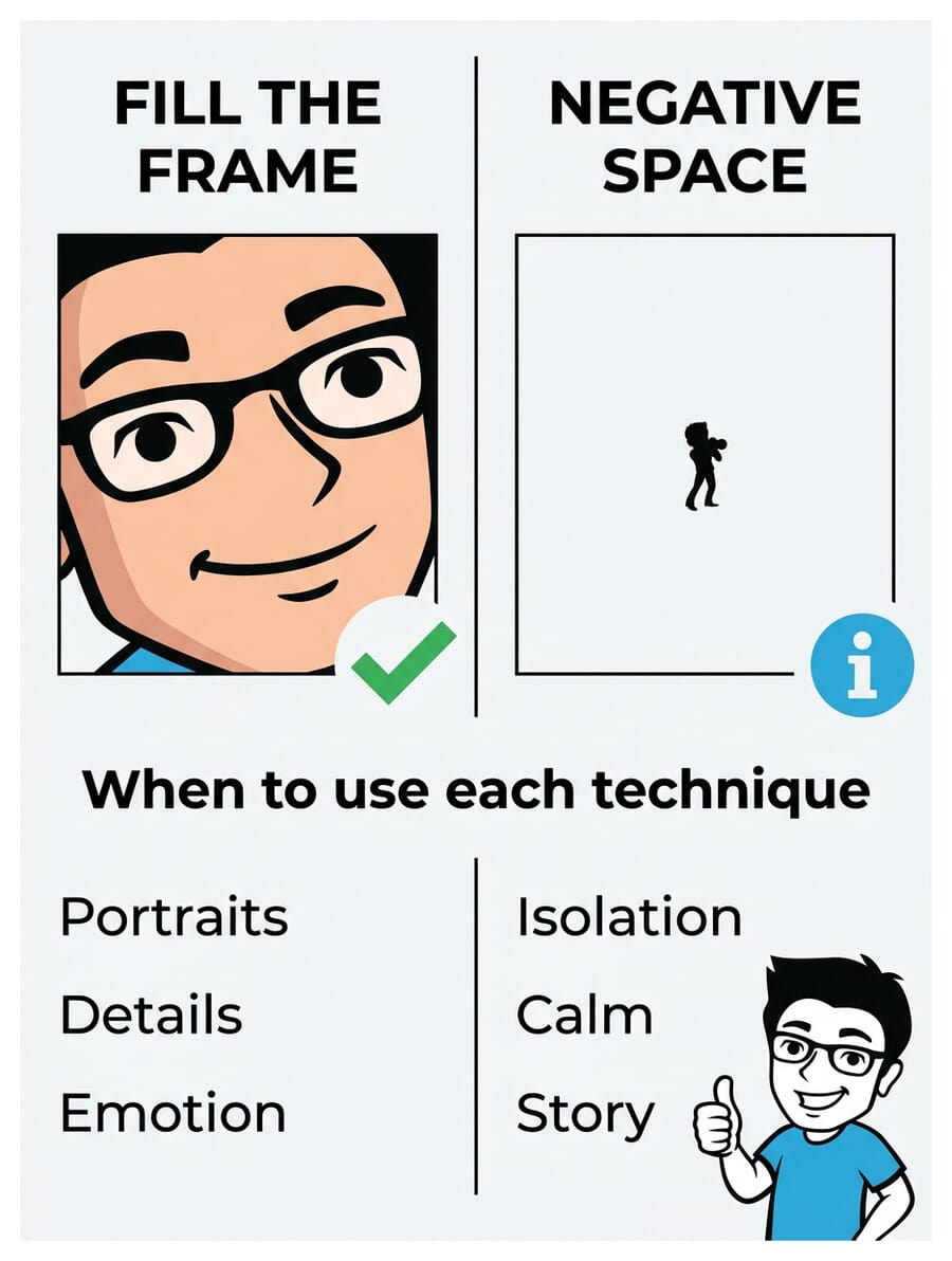 Infographic comparing fill the frame vs negative space photography techniques