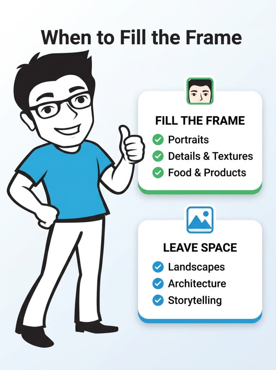 Infographic showing when to fill the frame versus when to leave space