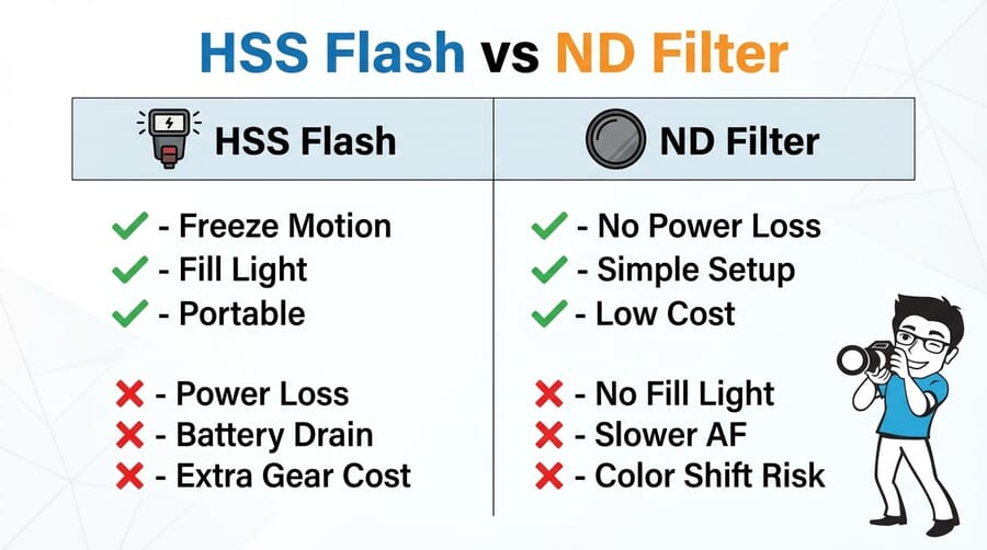 Comparison infographic showing pros and cons of HSS flash versus ND filters for outdoor photography