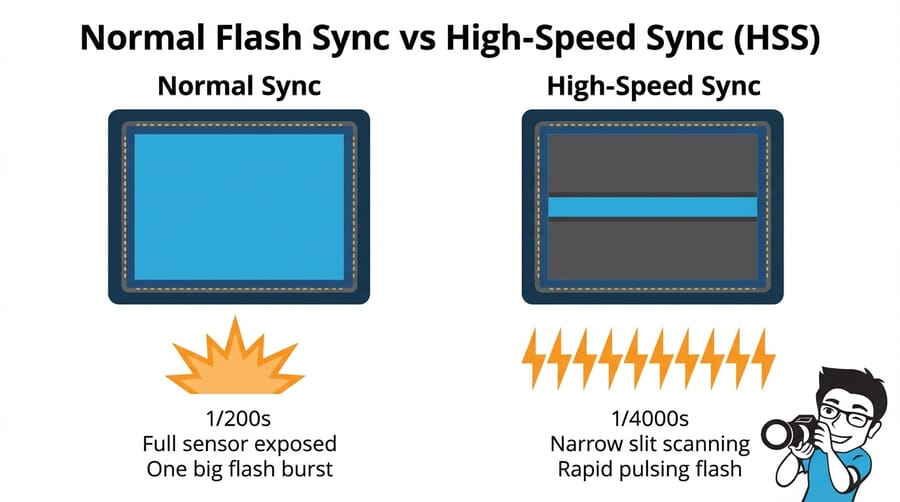 Infographic comparing normal flash sync with a single burst versus High-Speed Sync with rapid flash pulses