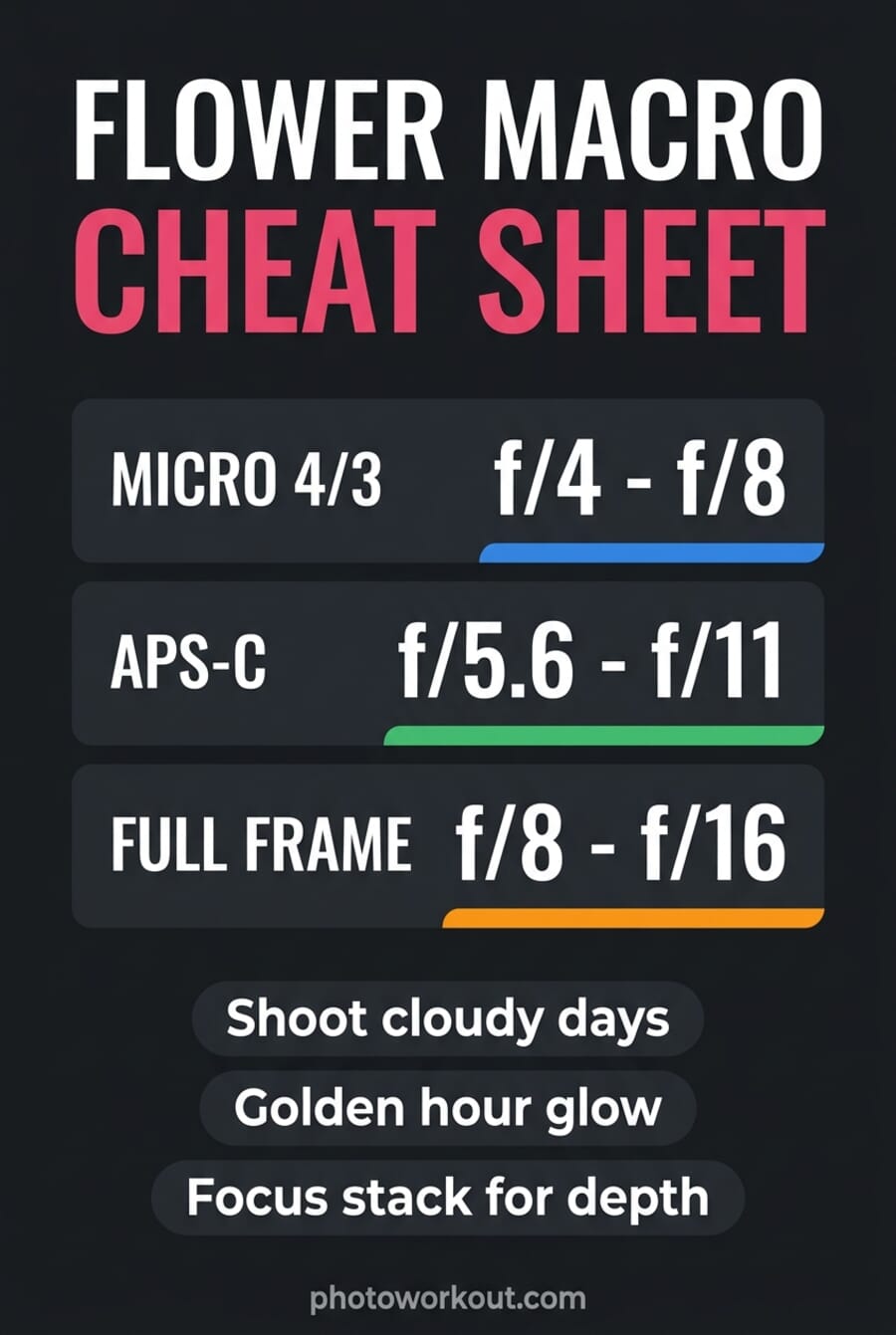 Flower macro photography cheat sheet vertical infographic — f-stop ranges by sensor plus 3 shooting tips