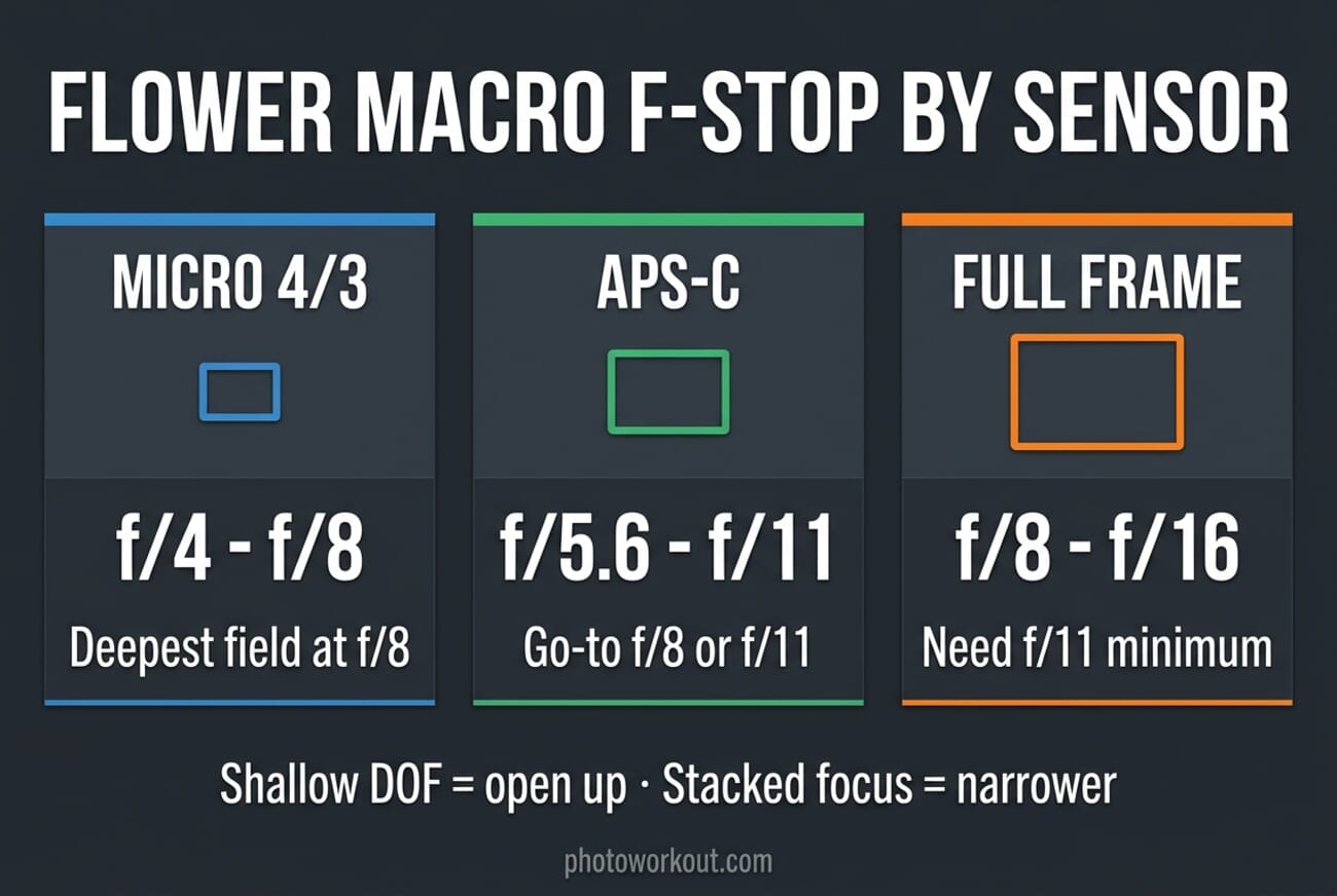 Flower macro f-stop cheat sheet by sensor size — Micro 4/3 f/4-f/8, APS-C f/5.6-f/11, Full-frame f/8-f/16