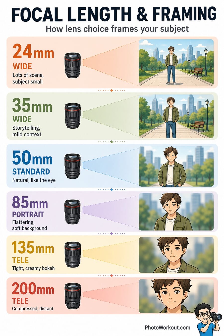 Focal length and framing cheat sheet showing 24mm, 35mm, 50mm, 85mm, 135mm and 200mm and the portrait framing each produces